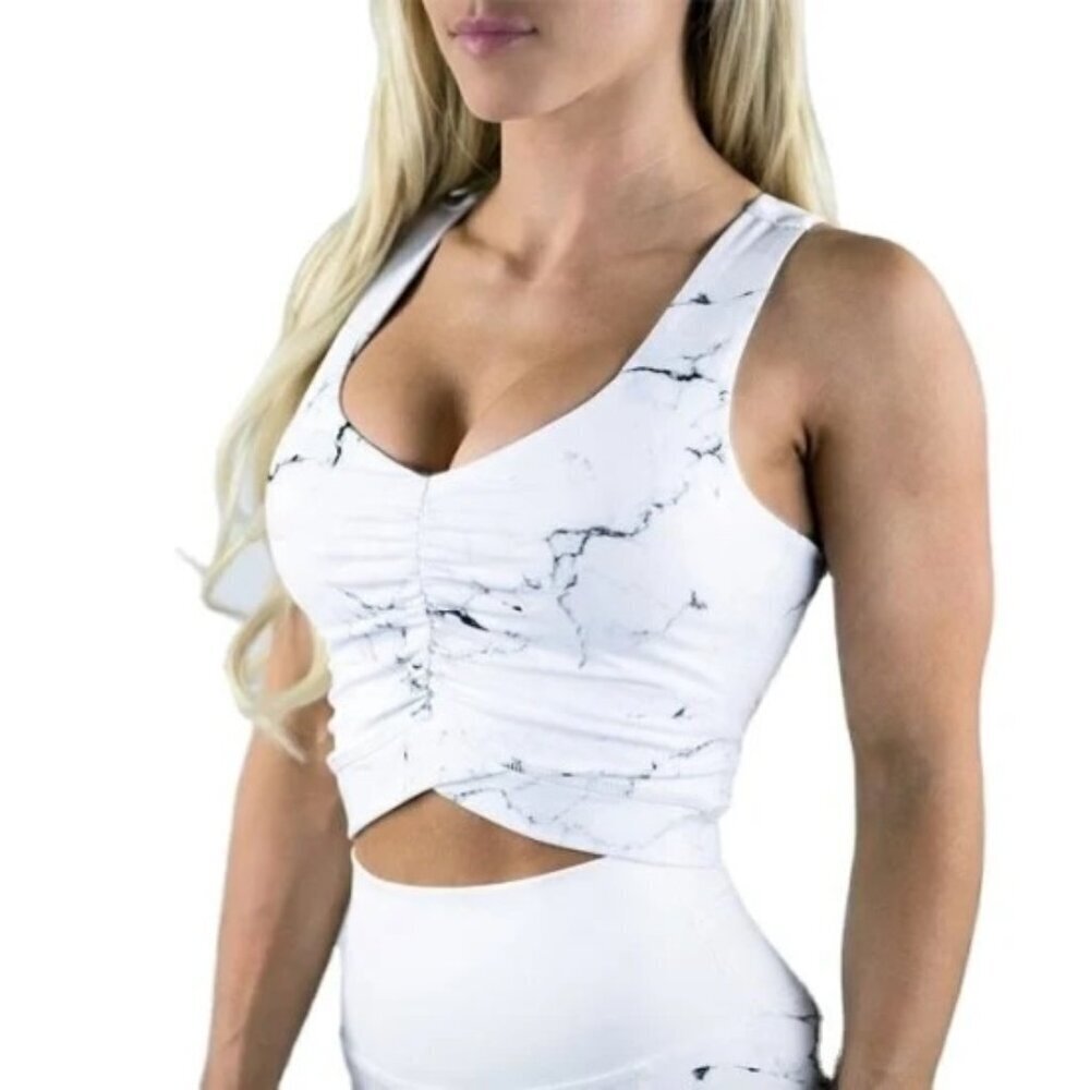 BuffBunny Twisted Top Workout Sports Bra Tank - White Marble, Small